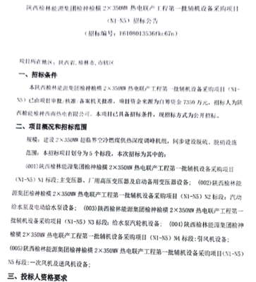 陜西榆林能源集團熱電聯(lián)產(chǎn)工程輔機設(shè)備采購 環(huán)保設(shè)備及配件招標(biāo)啟動